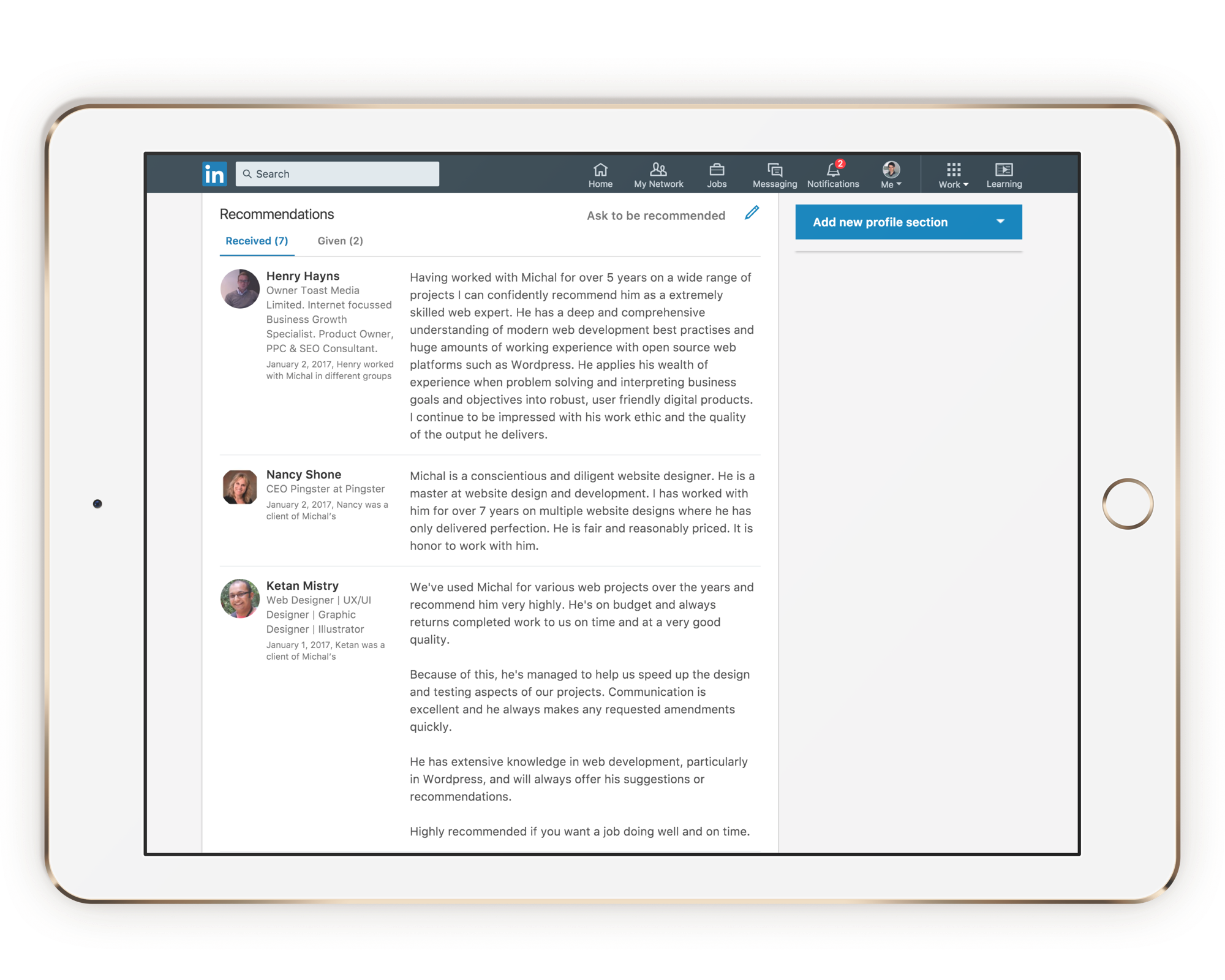 LinkedIn recommendations screenshot